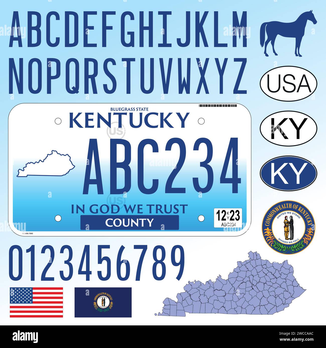 Modello di targa per auto del Kentucky, lettere, numeri e simboli, illustrazione vettoriale, USA Illustrazione Vettoriale