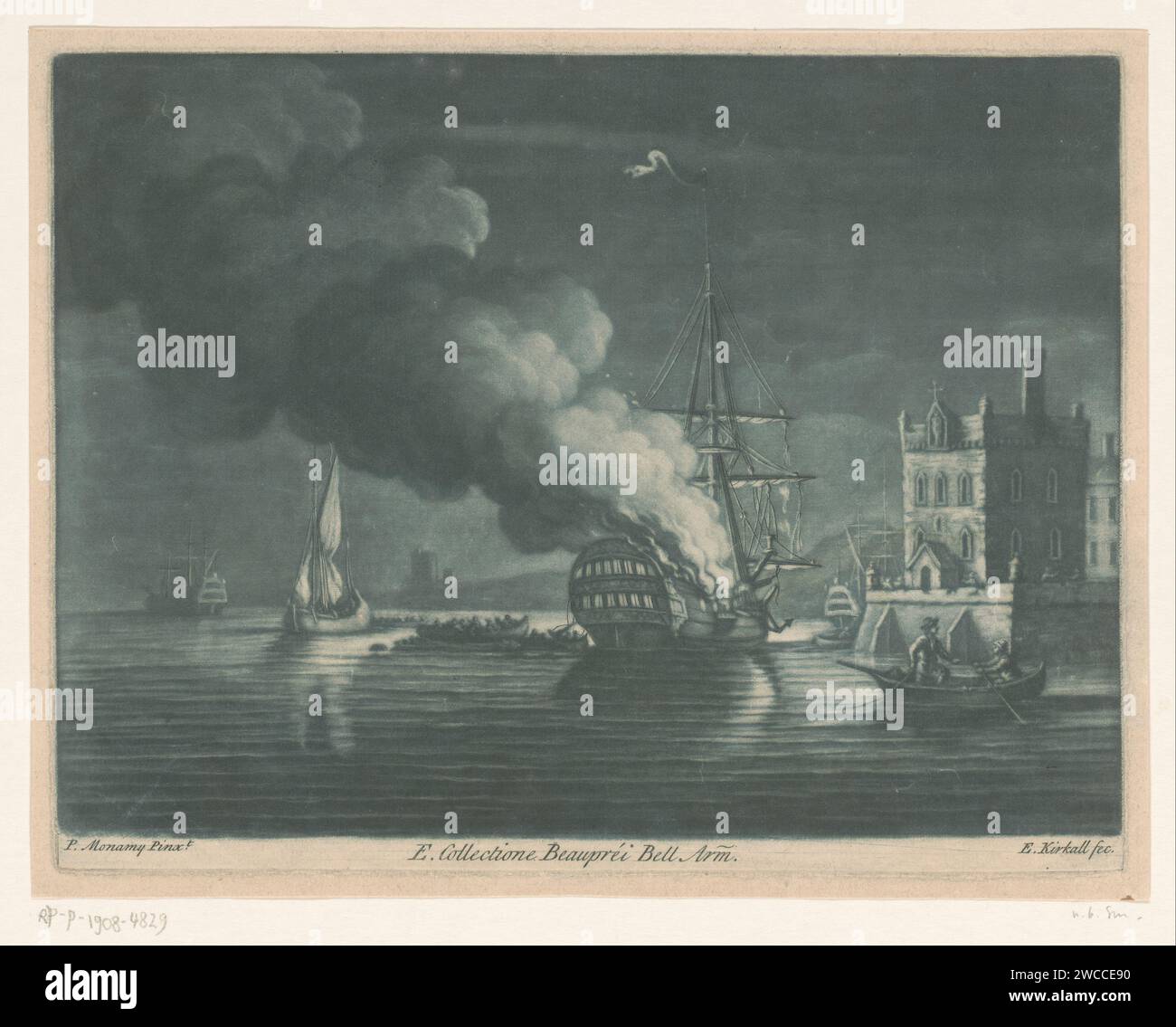 Nave in fiamme al porto, Elisha Kirkall, dopo Peter Monamy, 1692 - 1742 navi di incisione su carta stampata (in generale) - CC - più di una nave. marina. brucia. incidente marittimo; malattia e morte in mare Foto Stock