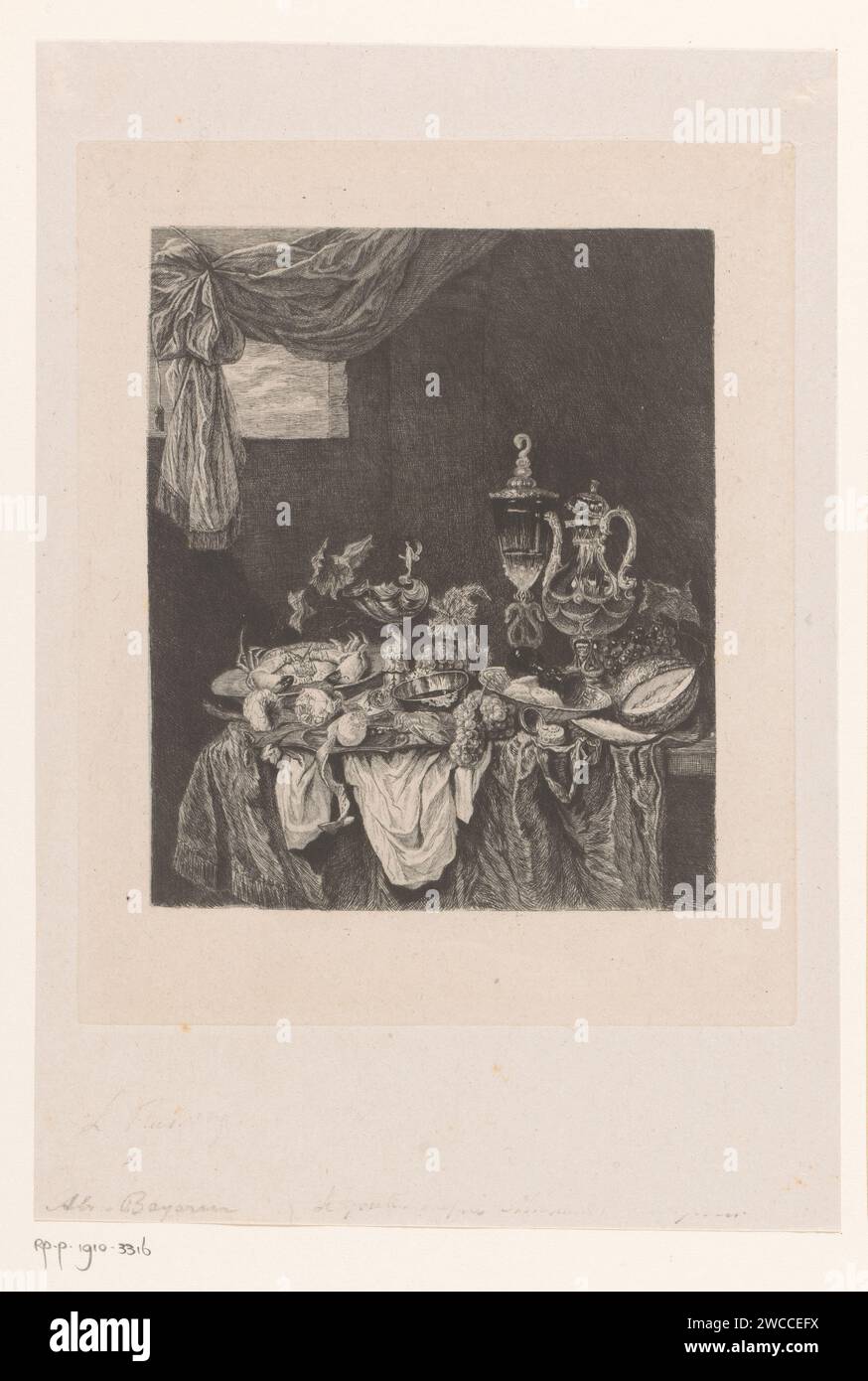 Stilleven, Léopold Flameng, in onore di Abraham van Beyeren, 1841 - 1887 carta stampata per incidere i prodotti alimentari; natura morta dei prodotti alimentari Foto Stock