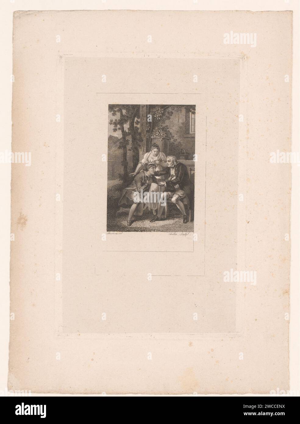 Couple at Man on Bank, Antoine Joseph Chollet, After Martinet (designer), 1803 - 1870 stampa carta francese. figura seduta incisa in acciaio. uomo adulto. donna adulta Foto Stock