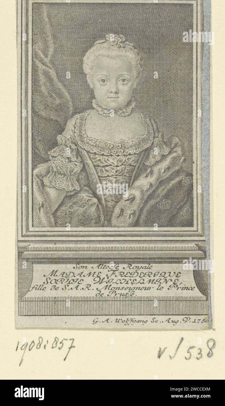 Ritratto di Wilhelmina van Pruisen, Gustav Andreas Wolfgang (1692-1775), 1756 stampa Ritratto di Wilhelmina. Su un piedistallo cinque righe di testo francese. Incisione/incisione su carta di Augusta Foto Stock