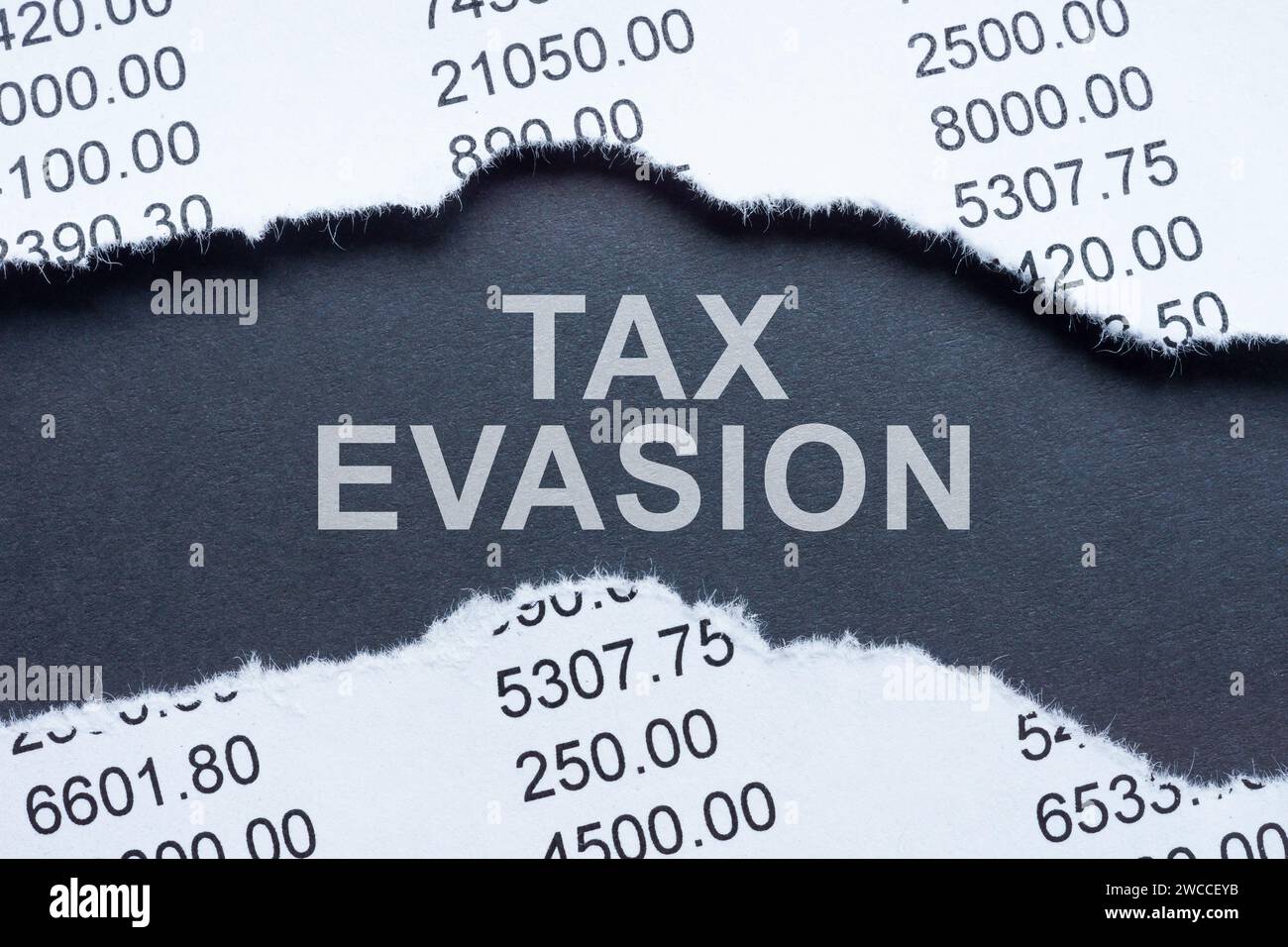 Iscrizione evasione fiscale e relazione finanziaria lacerata. Foto Stock