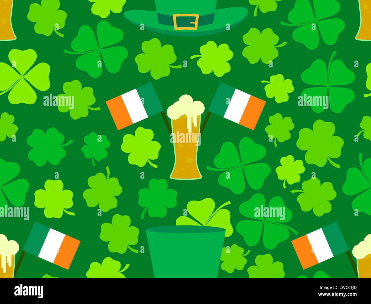 Motivo senza cuciture con bandiera irlandese, foglie di trifoglio, cappello in leprechaun e bicchieri di birra per St. Patrick's Day. Simboli della festa irlandese. Wallp natalizio Illustrazione Vettoriale