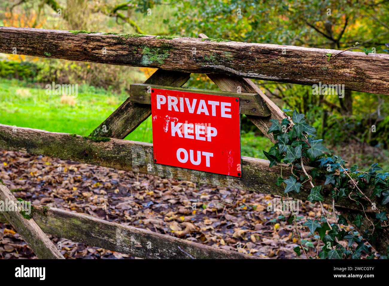 Cartello privato "keep out" su un cancello di legno in campagna. Foto Stock