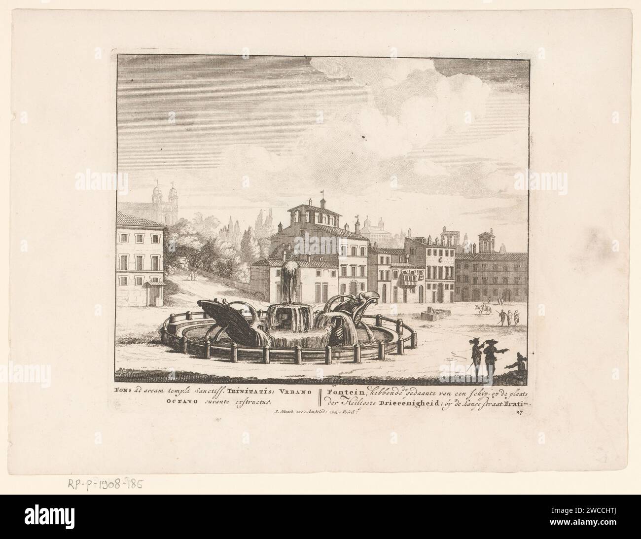Fontein su una piazza di Roma, Anonimo, Pieter Schenk (i), 1705 esemplari numerati in basso a destra: 27. Amsterdam carta incisione/incisione fontana ornamentale Roma Foto Stock
