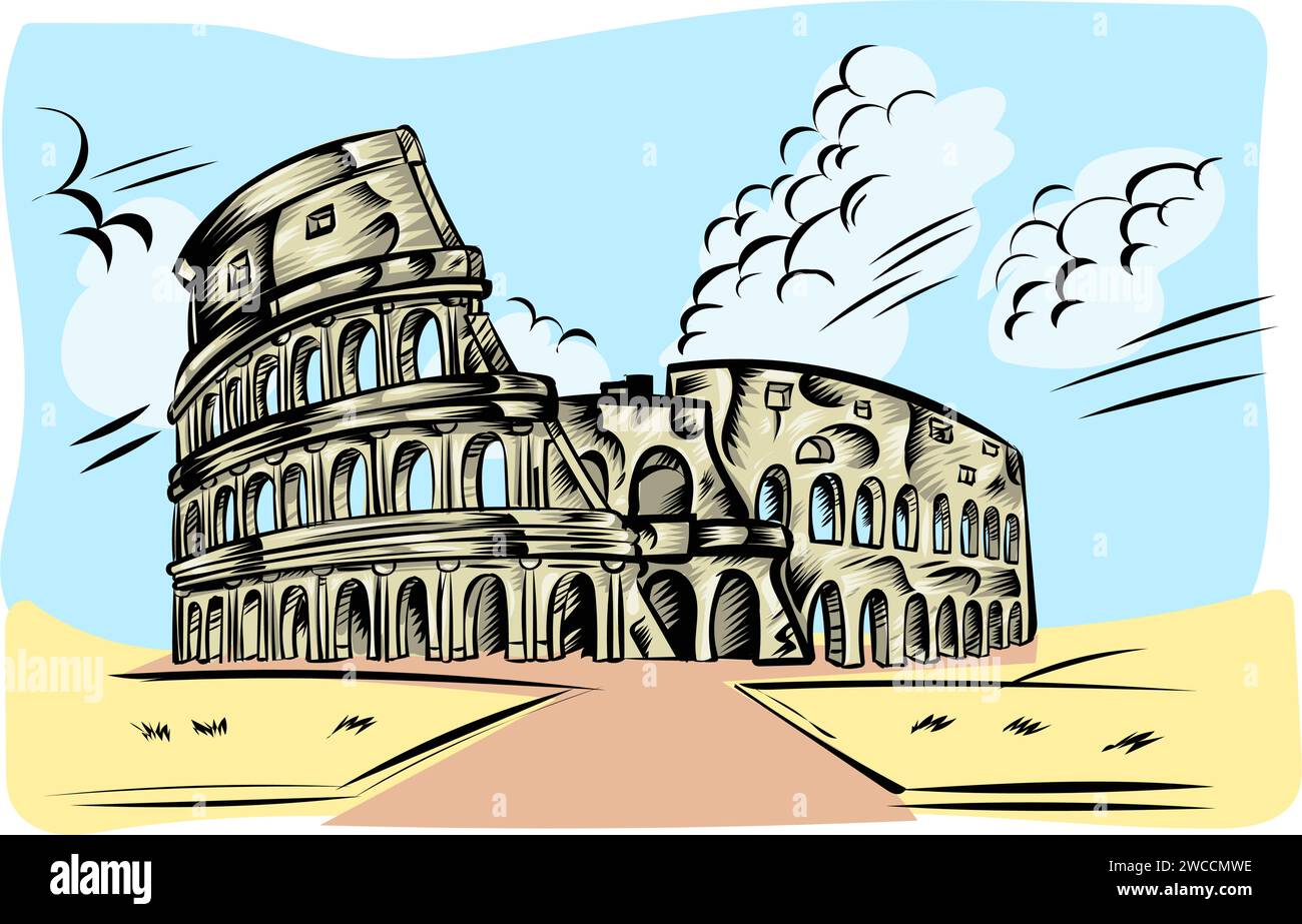 il colosseo di Roma disegnato a mano su un'icona di sfondo del cielo. illustrazione vettoriale Illustrazione Vettoriale