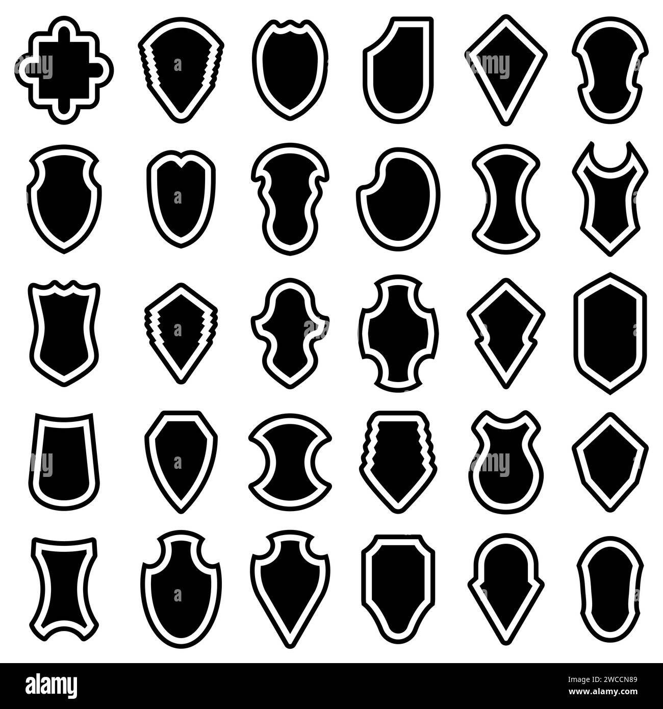 Emblema di protezione della collezione. Set di icona dello scudo araldico nero. Illustrazione vettoriale. Illustrazione Vettoriale