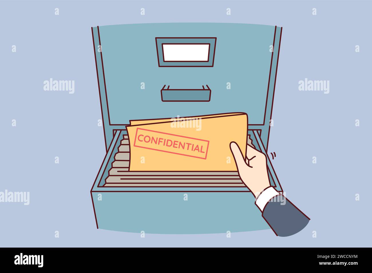 Cartella con documenti riservati al sicuro e mano della persona che raccoglie documenti di archivio. La persona ruba dati riservati e si impegna a spionaggio aziendale per ottenere informazioni privilegiate. Illustrazione Vettoriale