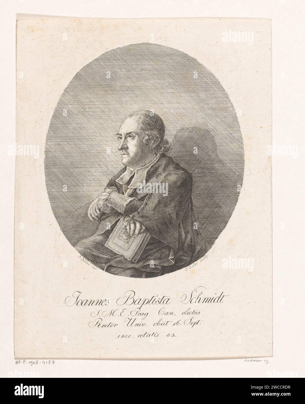 Ritratto di Joannes Baptista Schmidt, Joseph Carl Burde, dopo Josef Heidl, 1802 stampa di carta di Praga che incide persone storiche. libro. consiglio, dignitari di un'università Foto Stock