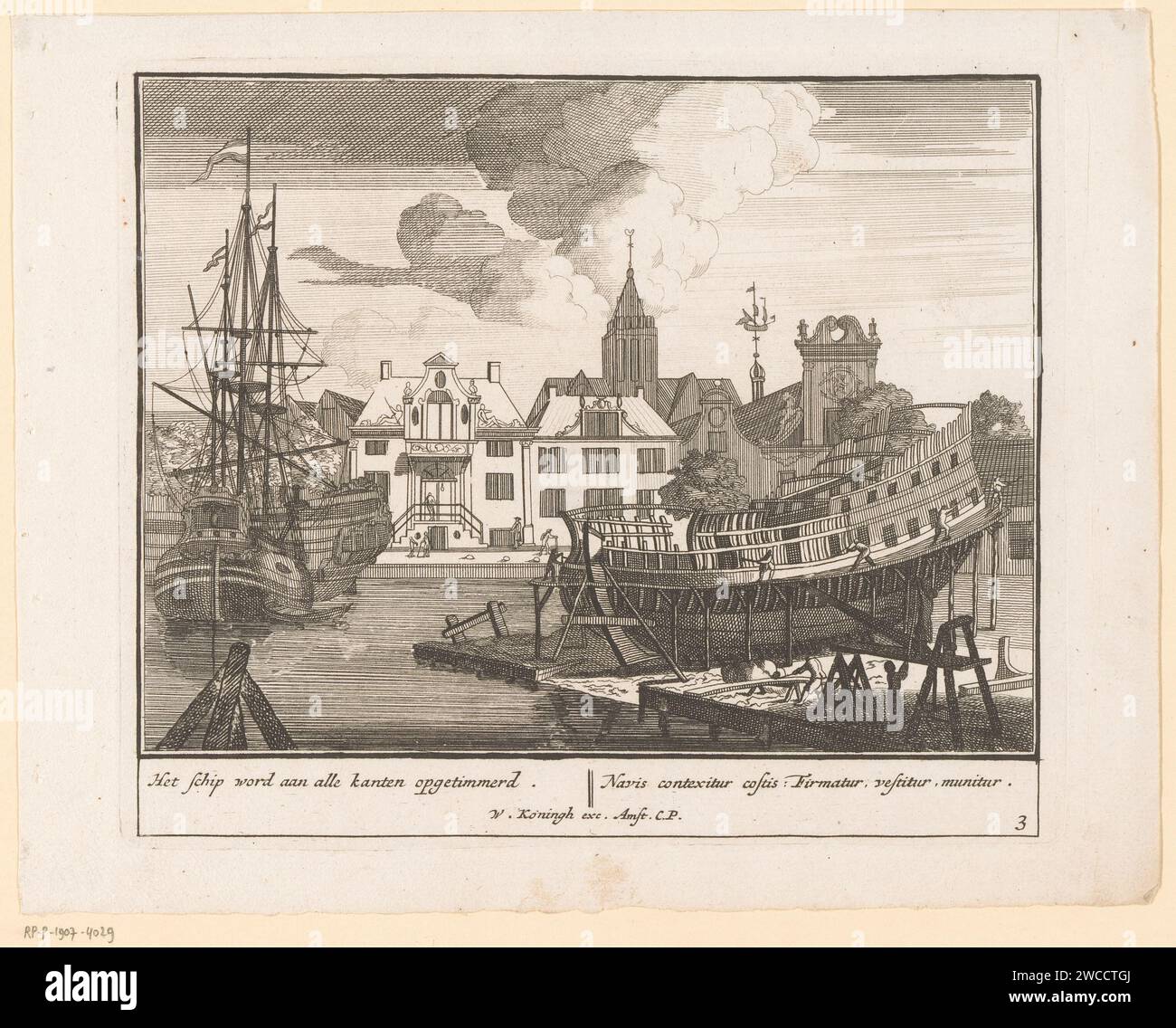 Optando per la nave di tutti i lati, Pieter van den Berge, dopo Sieuwert van der Meulen, 1717 - 1732 stampa optando la nave da tutti i lati del cantiere. Dopo la stampa di: Northern Netherlandspublisher: Amsterdampublisher: Amsterdam paper etching / incisione costruzione di una nave, nave in costruzione. cantiere navale, molo Foto Stock