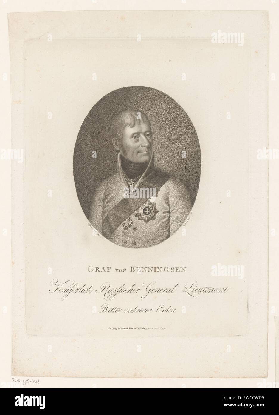 PortraT van Levin August Gottlieb Graf von Bennigsen, meno Haas, dopo Carl Gottlob Schmeidler, 1762 - 1826 stampa Berlin paper Historical Persons. ordine dei cavalieri. medaglie e altri marchi d'onore militare Foto Stock