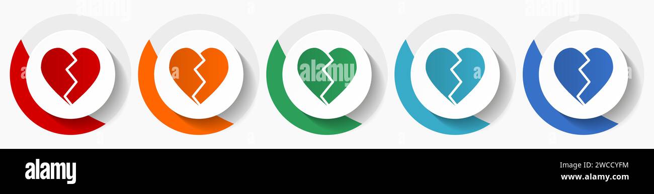 Set di icone vettoriali a cuore spezzato, icone piatte per la progettazione di logo, Web design e applicazioni mobili, pulsanti rotondi colorati Illustrazione Vettoriale