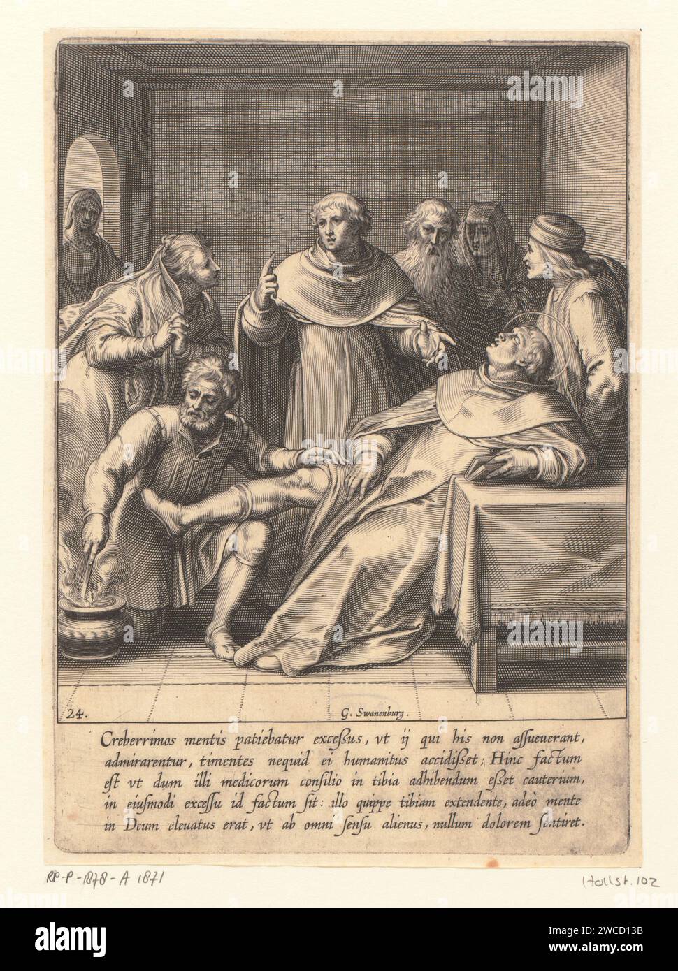 Thomas van Aquino in un intervento chirurgico alla gamba, Willem Isaacsz. Van Swanenburg, dopo otto van Veen, stampa del 1610 Thomas van Aquino si trova con un monaco, che sarà quasi operato sulla sua gamba. Il chirurgo riscalda e disinfetta un coltello in un fuoco. Nel margine una didascalia a cinque righe in latino. Ventiquattresima stampa da una serie di trenta stampe che raffigurano la storia della vita di Tommaso d'Aquino. Leiden paper incisione del teologo domenicano, "Dottore Angelo" Tommaso d'Aquino; possibili attributi: Libro, (catena con) sole, colomba, cinturino di castità, lily, modello di chiesa, osteria (o calice), mitra (sotto i piedi), st Foto Stock