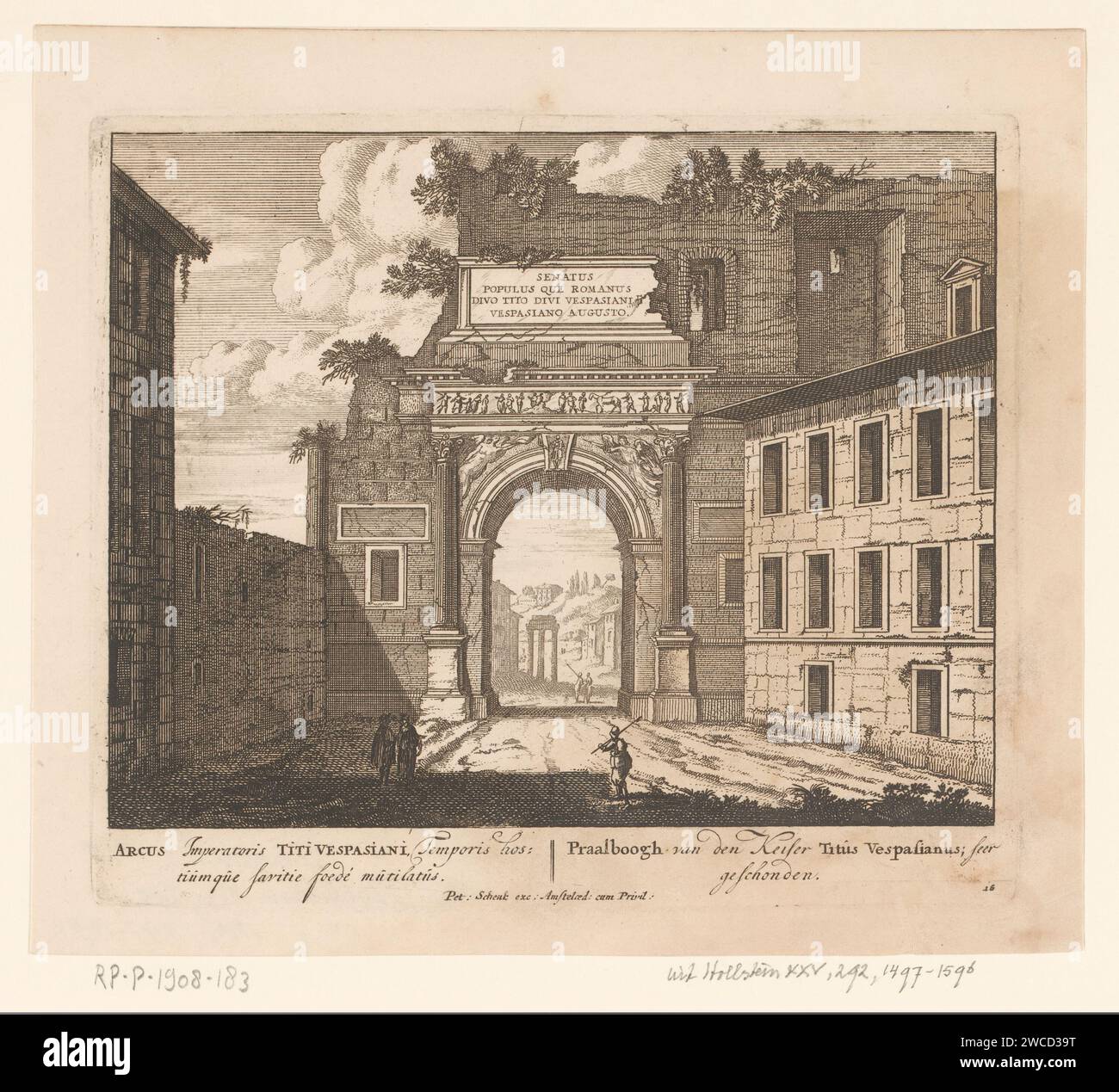 Veduta dell'arco di Tito, a Roma, Anonimo, Pieter Schenk (i), 1705 stampe numerate in basso a destra: 16. Incisione/incisione di carta Amsterdam arco trionfale Titus arco Foto Stock