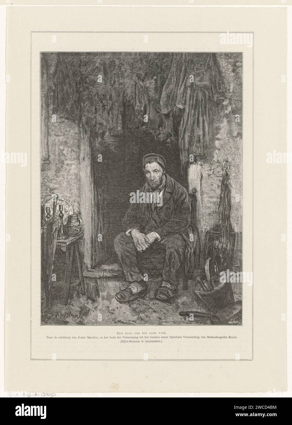 Un figlio dell'anziano, Johannes Walter, dopo Jozef Israëls, nel 1892 stampa Un mercante ebreo con le sue merci siede su una sedia di fronte a una porta. Carta tipografica olandese che stampa religione e cultura ebraiche. commerciante, venditore Foto Stock