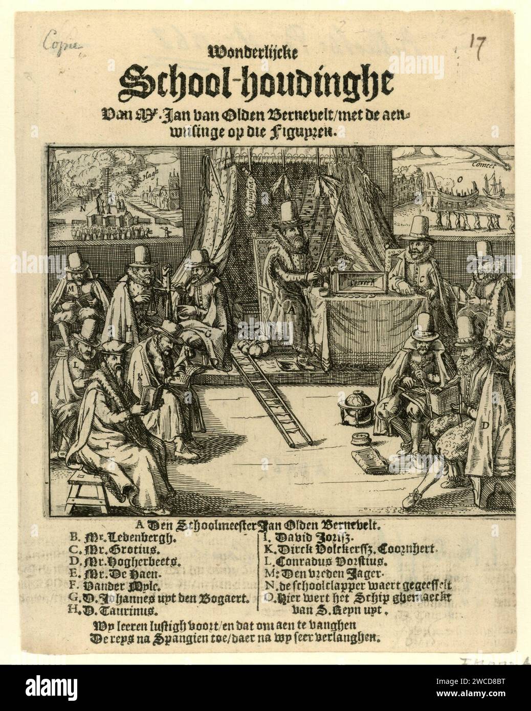 Titolo dell'opuscolo del 1618 intitolato: Wonderlijcke School Attitude of Mr. Jan van Olden Bernevelt, Anonymous, 1618 stampa titolo dell'opuscolo del 1618 intitolato "Wonderlijcke School Attitude of Mr. Jan van Olden Bernevelt / with the Aenwijsinge on die Figyren". Nella stampa, Johan van Oldenbarnevelt è il maestro di scuola di una classe in cui si trovano i più importanti rappresentanti dei dimostranti e altri sostenitori della tolleranza. Le persone sono indicate da lettere che sono spiegate sotto la performance. Sullo sfondo le performance di un flagello pubblico Foto Stock