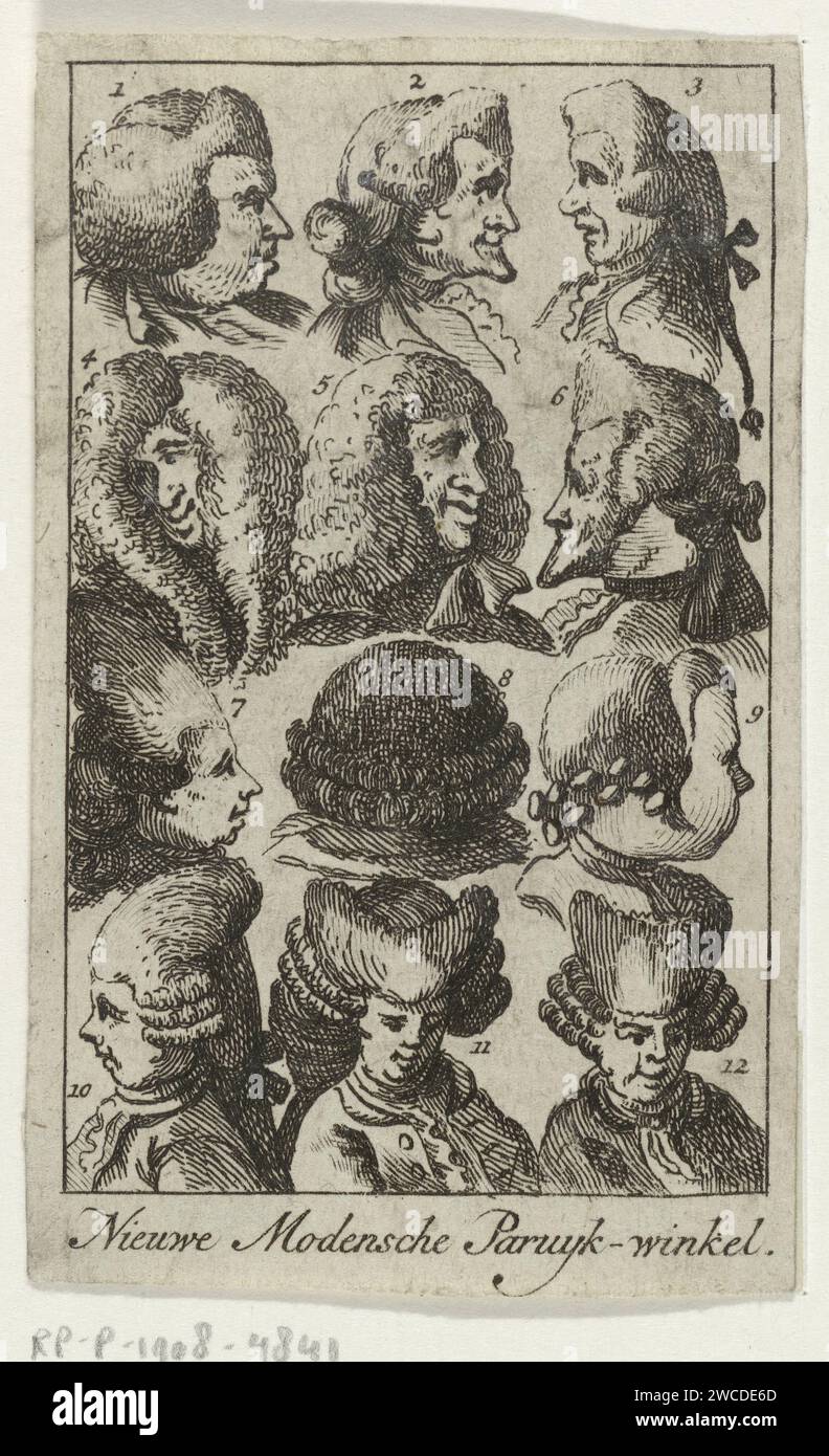 Nuovo negozio Modensche Paruyk, Anonymous, 1700 - 1800 stampa dodici parrucche da uomo diverse, in quattro file di tre. parrucca per incisione carta Foto Stock