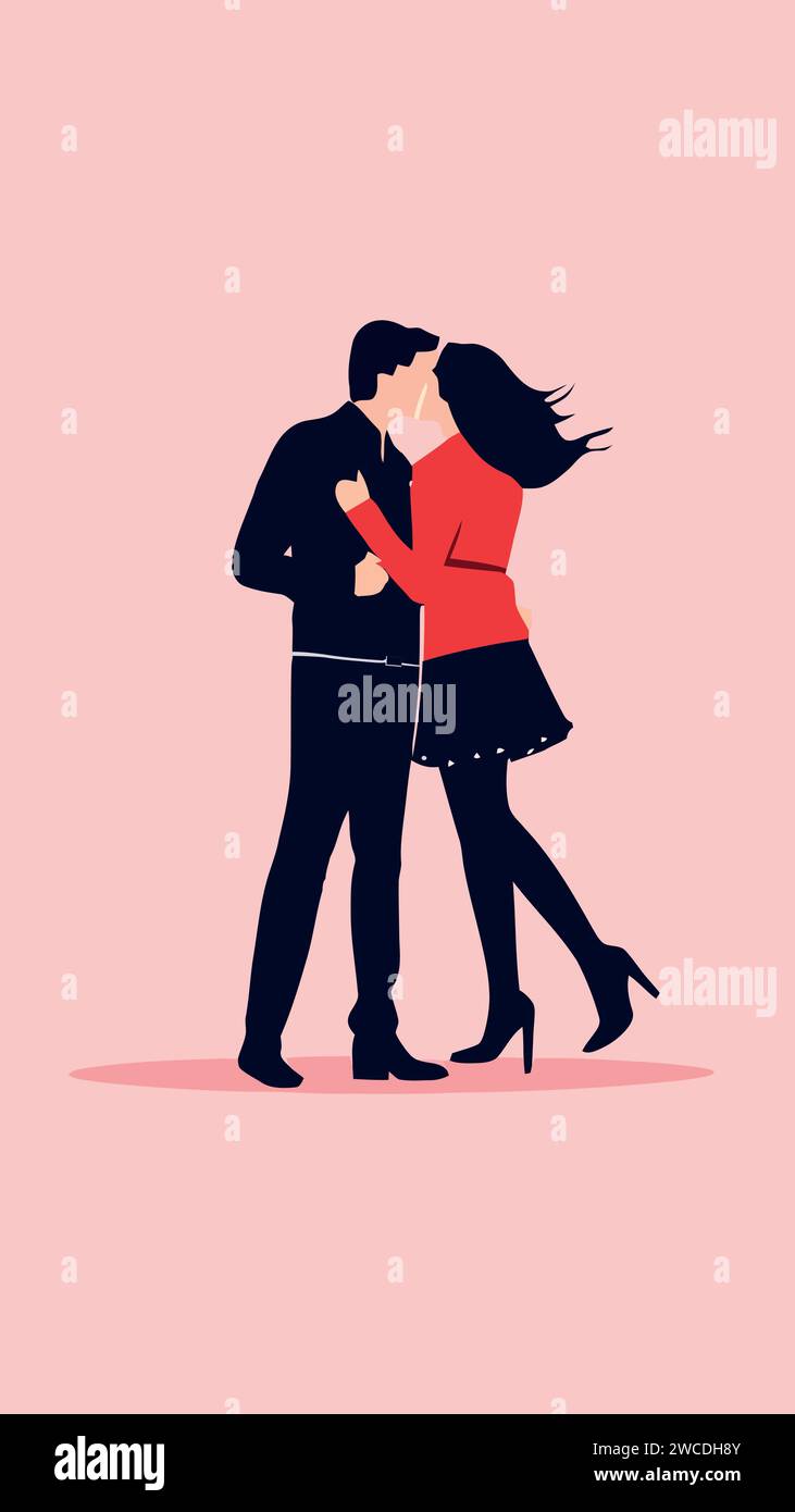 coppia innamorata baciarsi in bocca con passione e amore su sfondo rosa Illustrazione Vettoriale