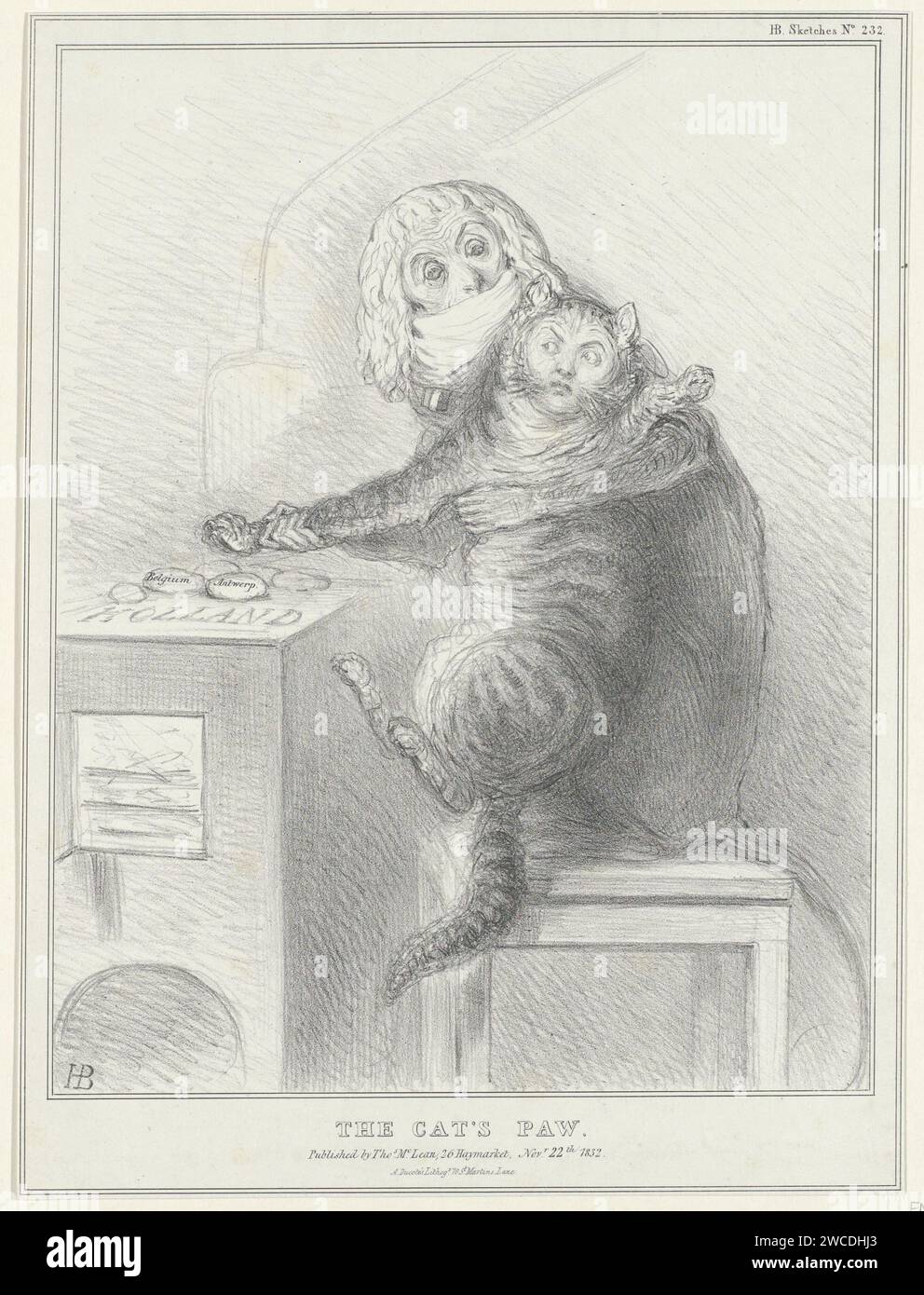 Spot Print on TalleRand and Palmerston, 1832, John Doyle, 1832 stampa Cartoon in cui un cane (Talleyrand) tiene un gatto (Palmerston) intrappolato nelle sue braccia e cerca di premere la zampa su una stufa calda (Belgio e Anversa). Cartone animato sui ruoli degli animali di carta di Charles-Maurice de London che agiscono come esseri umani. cane. cat. caminetto, caminetto, piano cottura (in cucina) Foto Stock