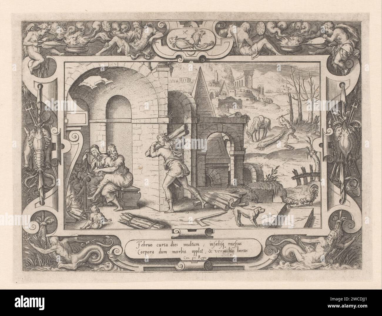 Febbraio, Etienne Delaune, prima del 1566 stampa e un uomo e una donna seduti davanti a un caminetto con i loro figli, mentre un servo porta loro i tronchi. Fuori da un taglialegna al lavoro. La scena è incorniciata da una lista ornamentale di pesci, tritoni e putti e pesci in cima alla costellazione. Francia incisione carta febbraio e i suoi 'labori' (+ con segni zodiacali). Pesci (segno zodiacale di febbraio). triton(s). taglio del legno, taglialegna  silvicoltura Foto Stock