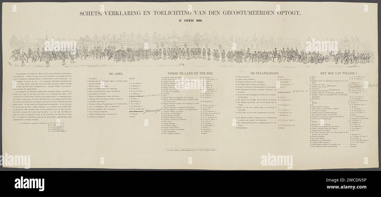 Utrechtse Maskerade, Statement and Legenda, 1856, Jan Bos, dopo Willem Pieter Hoevenaar, 1856 stampa Leaf con la dichiarazione e le leggende nei cinque record. Parte di un gruppo di cinque album con una spiegazione della processione storica in Maskerade eseguita dagli studenti della Utrecht Hogeschool il 17 giugno 1856 in occasione della celebrazione del suo 220° anniversario. Concorso per studenti di carta di Utrecht. Costumi usati nei concorsi Utrecht Foto Stock