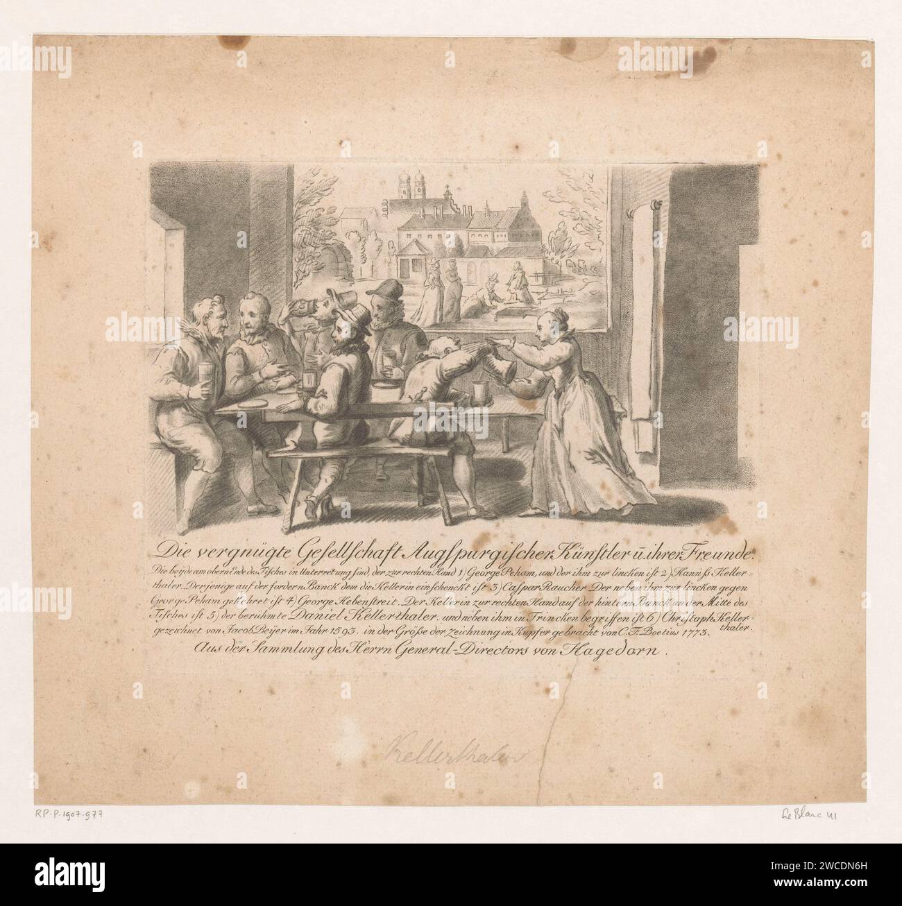 Compagnia di artisti di Augusta, 1593, Christian Friedrich Boëtius, dopo Jacob Beyer, 1773 stampa nel testo esplicativo sotto la stampa, le persone sono identificate come: George Peham (Beham?), Hans Kellerthal, Caspar Raucher, George Hebenstreit, Daniel Kellerthaler e Christoph Kellerthaler. Stampa su un disegno di Jacob Beyer del 1593, dalla collezione di Christian Ludwig von Hagedorn. Dresden paper inn, caffetteria, pub, ecc... circolo, club di artisti. Ritratto, autoritratto dell'artista Augusta Foto Stock