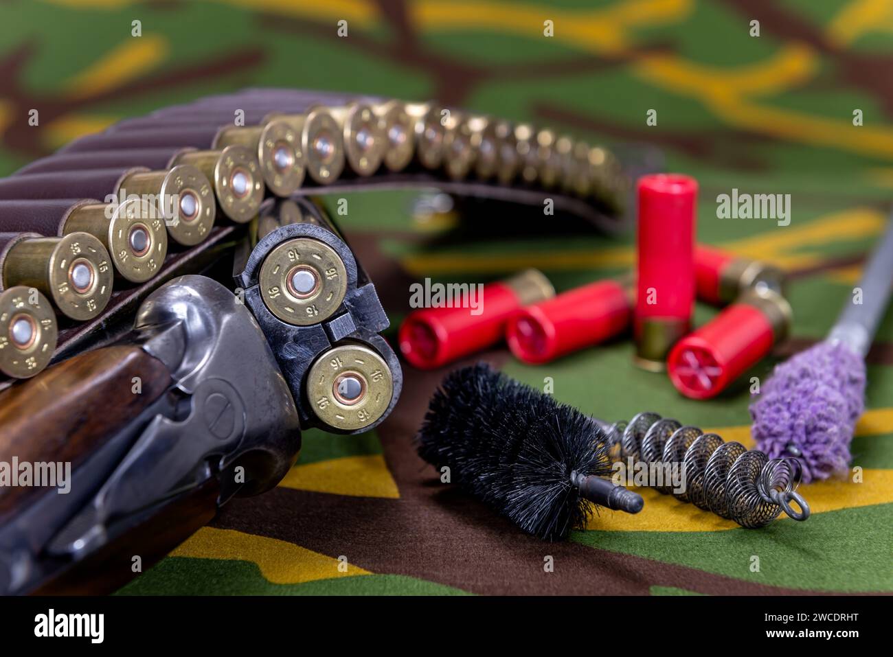 Fucile da caccia e munizioni con spazzole per la pulizia delle armi che giacciono su uno sfondo mimetico. Messa a fuoco selettiva. Foto Stock