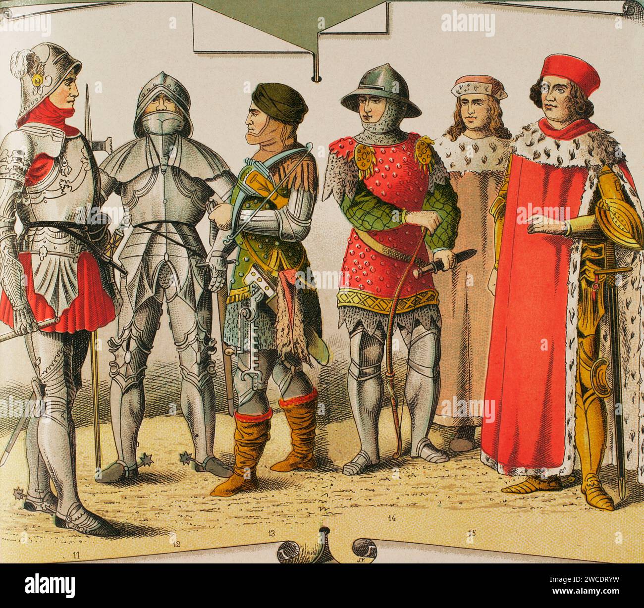 Storia della Germania. Medioevo. 1450-1500. Da sinistra a destra, 11-12: cavalieri, 13: Crossbowman, 14: bowman, 15-16: principi. Cromolitografia. Historia Universal, di César Cantú. Volume VIII, 1881. Foto Stock