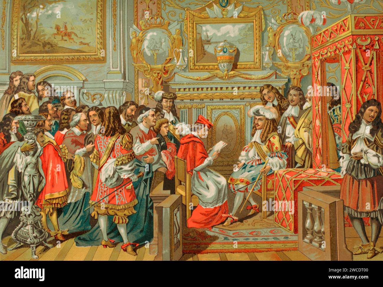 Luigi XIV, conosciuto come "il Re Sole" (1638-1715). Re di Francia (1643-1715). Gabinetto di Luigi XIV di Francia. Cromolitografia. Historia Universal, di César Cantú. Volume VIII, 1881. Foto Stock