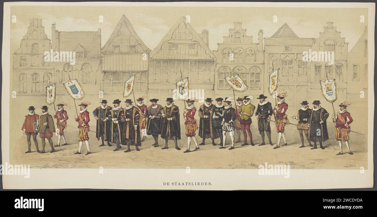 Utrechtse Maskerade, tavola C: Staatsmen, 1856, Anonimo, dopo Willem Pieter Hoevenaar, 1856 stampare un gruppo di statisti delle sette diverse province, a piedi. Parte di un gruppo di cinque album con una spiegazione della processione storica in Maskerade eseguita dagli studenti della Utrecht Hogeschool il 17 giugno 1856 in occasione della celebrazione del suo 220° anniversario. Tipografia: Netherlandsafter disegno di: Utrechtprinter: Utrechtpublisher: Concorso per studenti di carta Utrecht. Costumi usati nei concorsi Utrecht Foto Stock