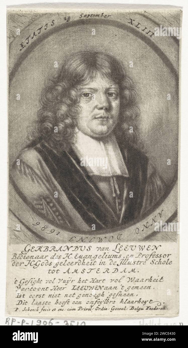 Ritratto di Gerbrand van Leeuwen, Pieter Schenk (i), 1686 - 1713 stampa il pastore e professore Gerbrand van Leeuwen. Incisione su carta di Amsterdam Foto Stock