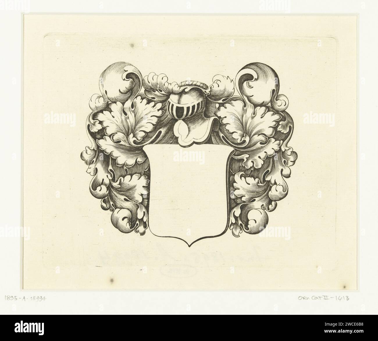 Stemma coronato da elmetto, anonimo, dopo Michiel le Blon, c. 1600 - c. 1699 incisione su carta stampata Foto Stock