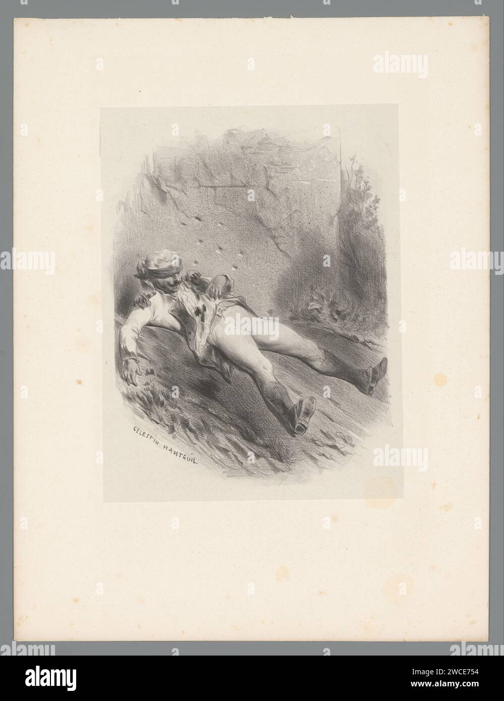 Uomo bendato sdraiato sul pavimento accanto a un muro, Célestin Francois Nanteuil, carta stampata 1823 - 1873. uomo adulto. bendatura. dormire a terra Foto Stock