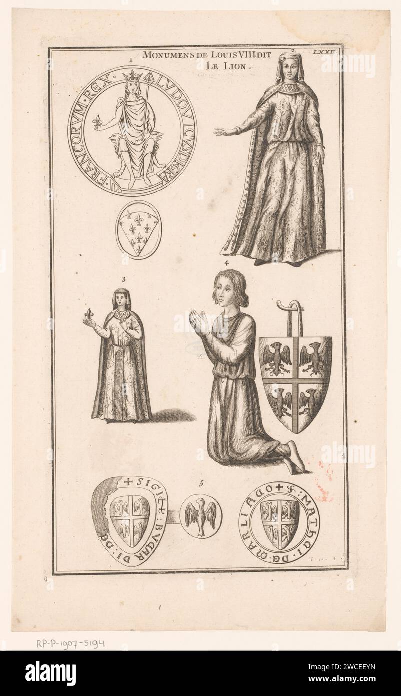 Ritratti di re Luigi VIII e di sua moglie e suo figlio, circondati da vari francobolli e stemmi, Dominique Sornique (attribuito a), 1729 - 1733 stampa Parigi incisione / incisione di carta re. persone storiche Foto Stock