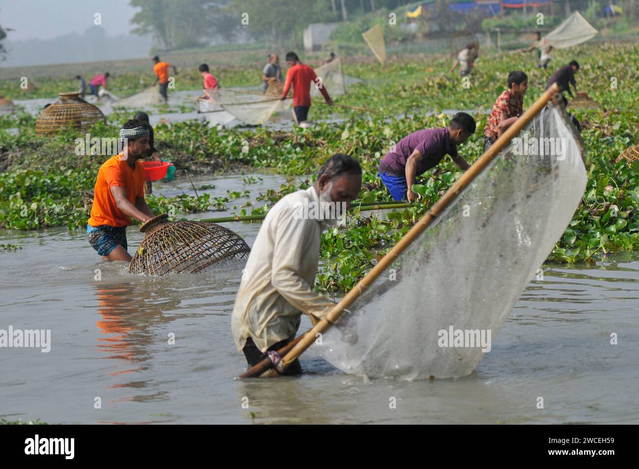 Non esclusiva: 15 gennaio 2024 -Bangladesh: Popolazione rurale armata di trappole di Bamboo e reti da pesca artigianali per partecipare a festeggiare in 100 anni Foto Stock