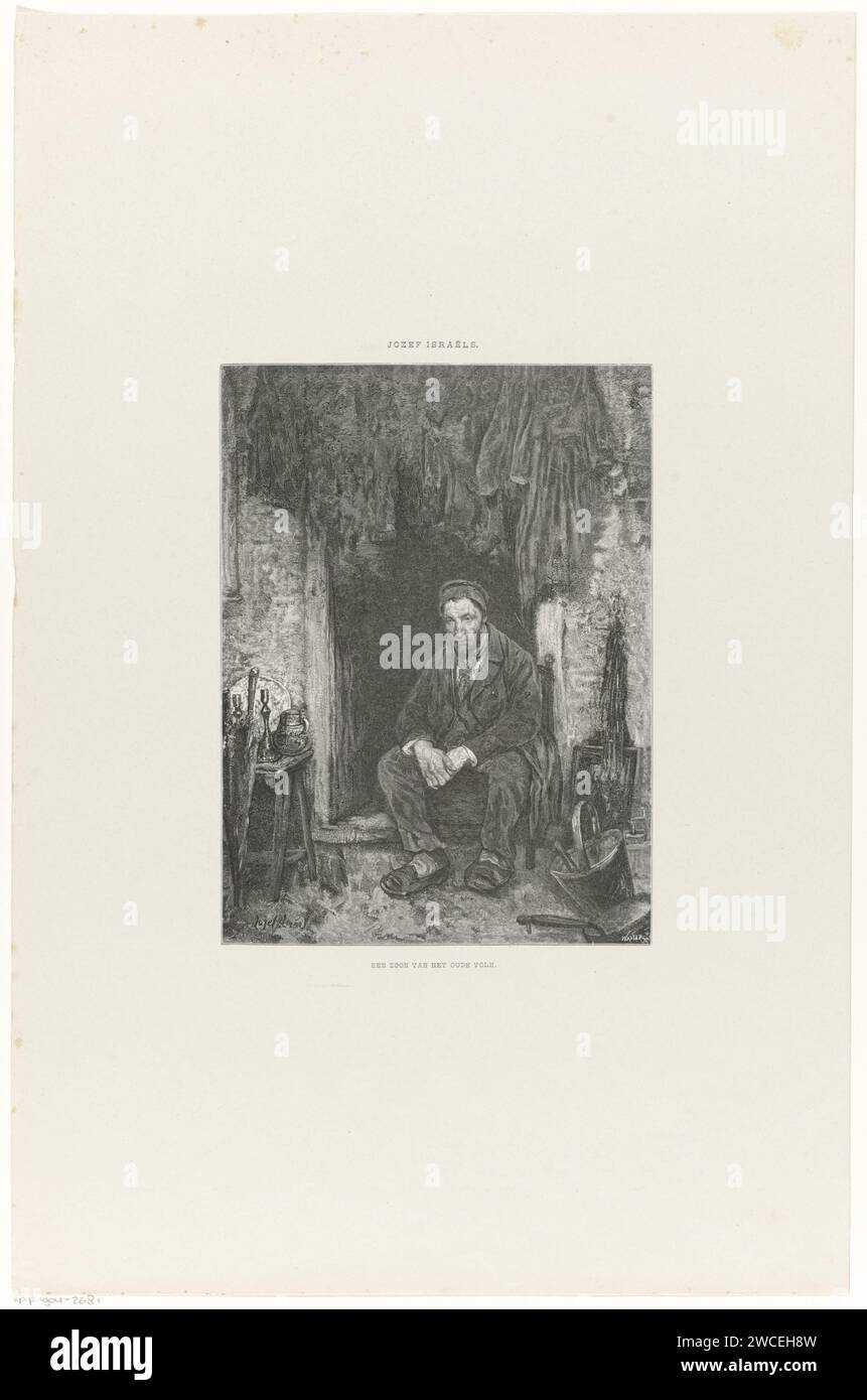 Un figlio dell'anziano, Johannes Walter, dopo Jozef Israëls, 1849 - 1895 stampa Un mercante ebreo con le sue merci siede su una sedia di fronte a una porta. Giornale olandese religione e cultura ebraica. commerciante, venditore Foto Stock