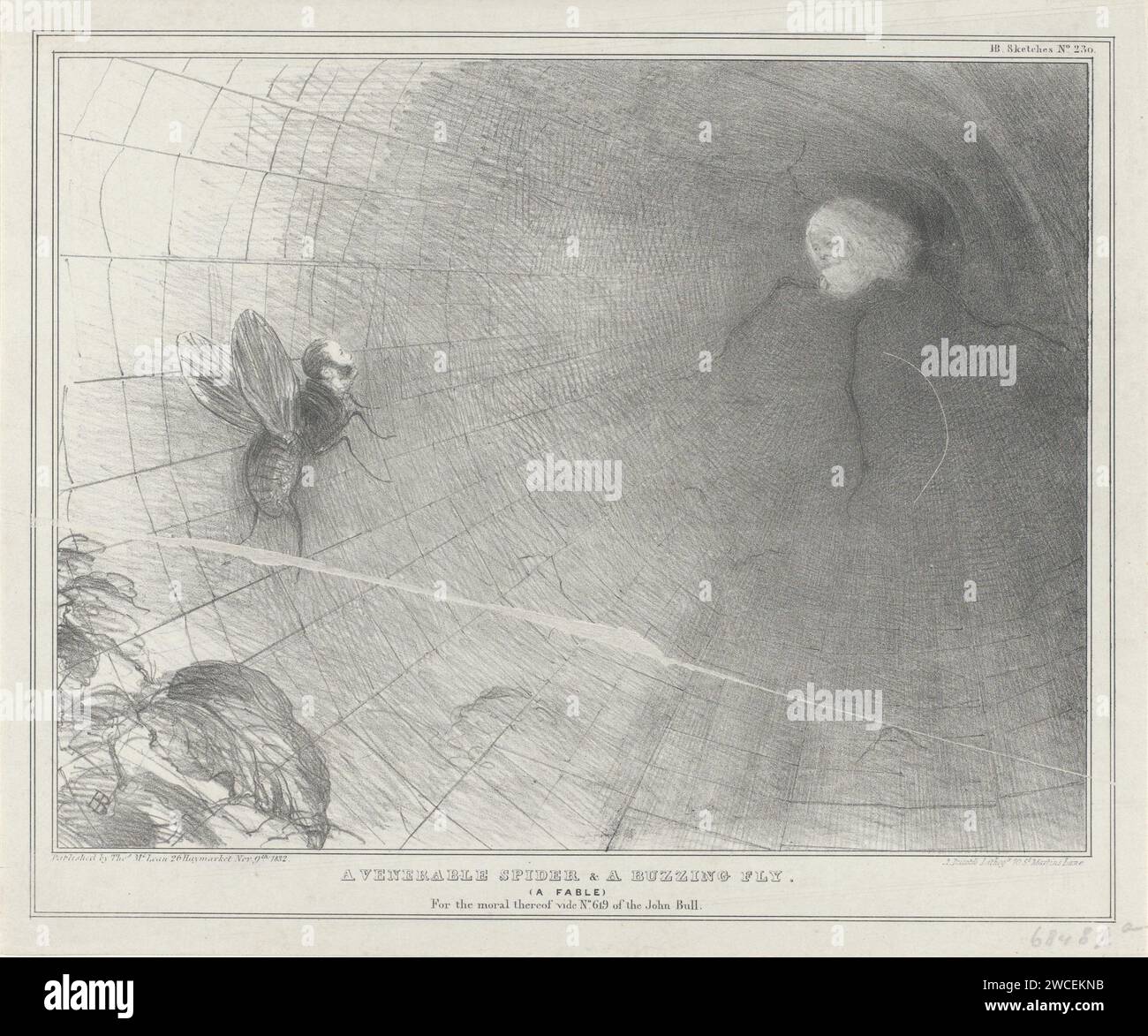 Talleyrand come ragno nella sua ragnatela, 1832, John Doyle, 1832 stampa Cartoon on on Charles-Maurice de Caught in the web. Indicare in alto a destra: Schizzi HB, no 230, ragni di carta di Londra. insetti: volare Foto Stock