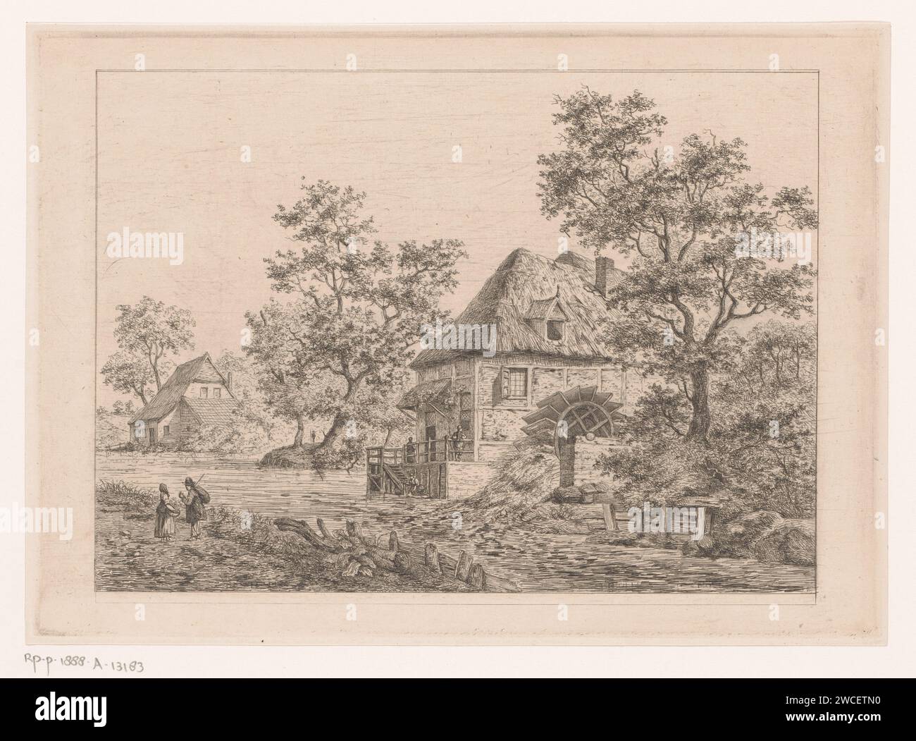 Mulino ad acqua vicino a Krefeld, Jean Théodore Joseph Linnig, mulino ad acqua per acquaforte in carta stampata 1872 nel paesaggio di Krefeld Foto Stock