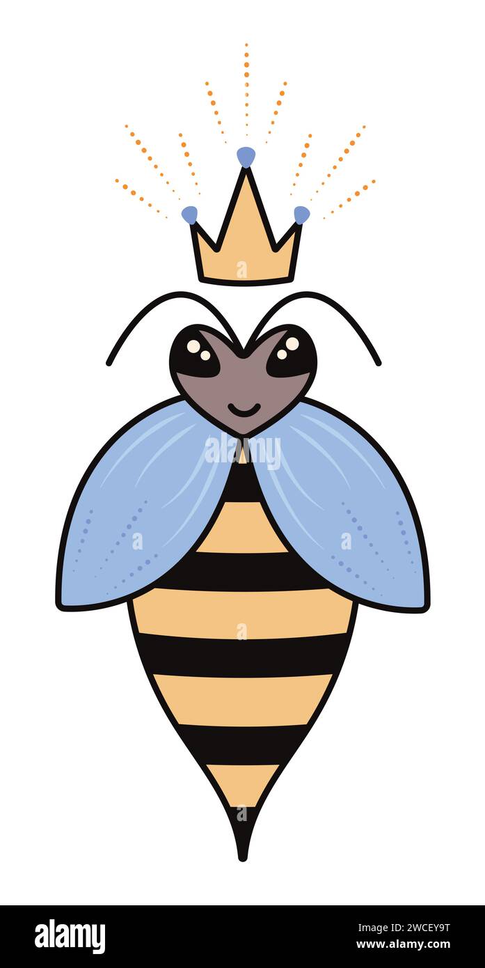 Graziosa regina delle api con una corona, illustrazione vettoriale madre delle api in marrone scuro, giallo e blu Illustrazione Vettoriale