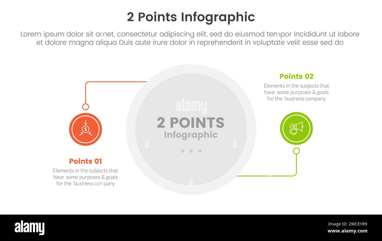 confronto o confronto e confronto del concetto di banner del modello infografico con connessione a linee circolari con vettore di informazioni dell'elenco a due punti Foto Stock