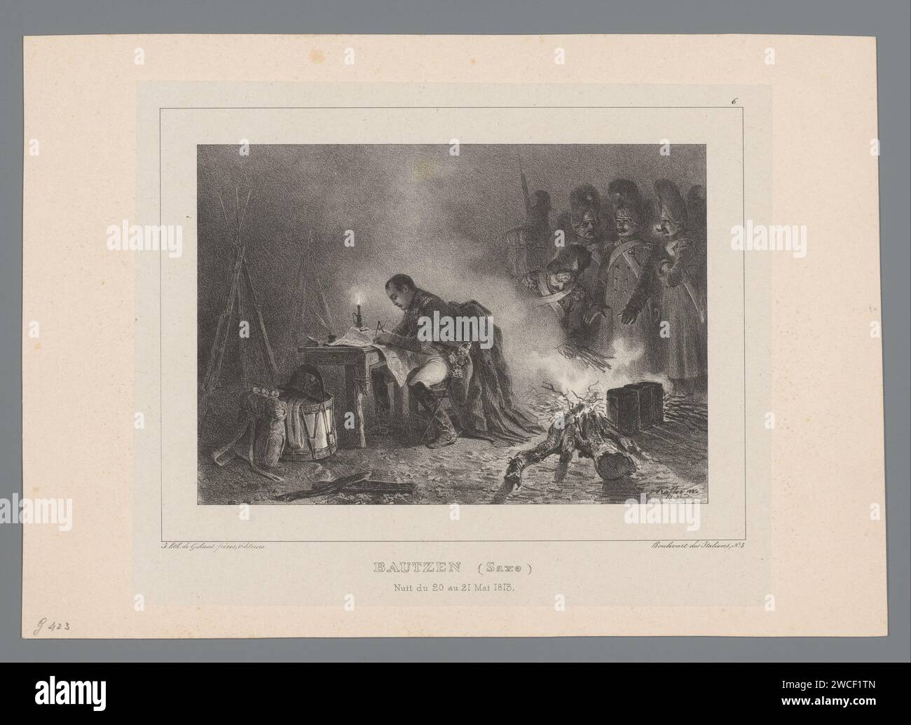 Napoleone prepara la battaglia di Bautzen per la notte tra il 20 e il 21 maggio 1813, Denis Auguste Marie Raffet, 1836 stampa carta di Parigi. imperatore. il soldato, la vita del soldato. Carica  battaglia Bautzen Foto Stock