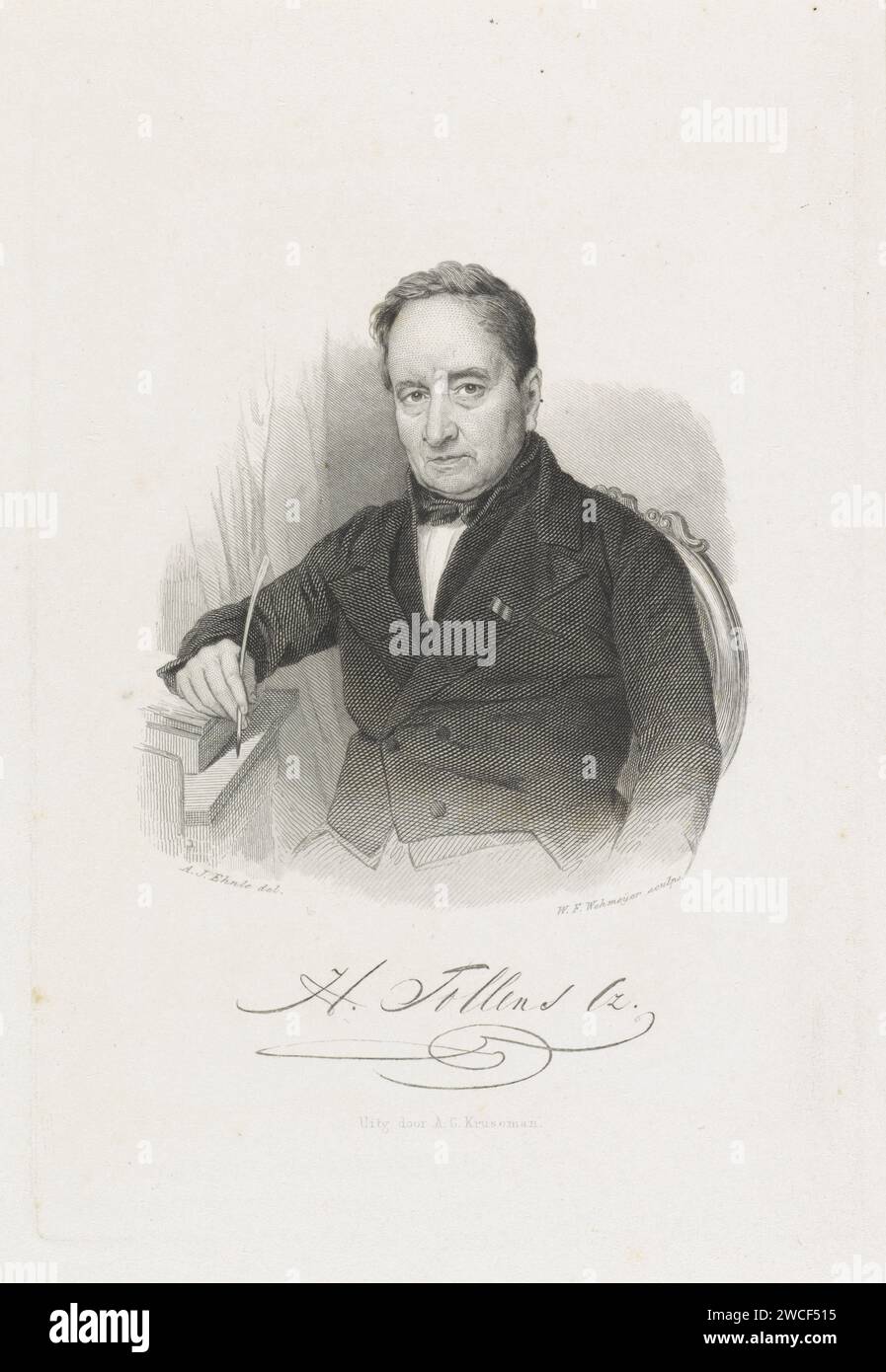 Ritratto di Hendrik Tollens, Willem Frederik Wehmeyer, dopo Adrianus Johannes Ehnle, 1834 - 1856 stampa Ritratto di Hendrik Tollens, poeta. Si siede su una sedia di fronte a una tenda e tiene gli utensili da scrittura nella mano destra. Il suo braccio destro poggia su un libro aperto. Sotto lo spettacolo c'è la firma della persona ritratta. Tipografia: Amsterdam (possibilmente)editore: Haarlem cartaceo incisione / incisione di persone storiche. uomo adulto. sedia Foto Stock