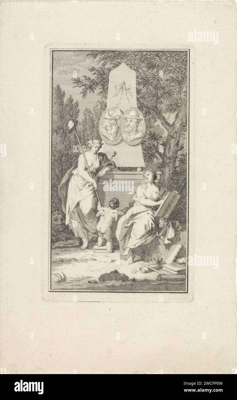 Libertà e Clio in un monumento, Anonimo, 1700 - 1800 stampa con un monumento su cui sono appesi due ritratti, uno di un uomo con un turbante e l'altro di un uomo con cappello e barba, la personificazione della libertà con capanno di libertà è in piedi con cappelli di libertà. C'è un putto con lei. A destra c'è la musa della storia, Clio. Scrive con una primavera di scrittura nel suo libro. Indossa una corona di alloro sulla testa. Ci sono una corona, uno scettro, libri e documenti a terra. Carta incisa Freedom, Liberty; "Libertà" (maturo). Monumento, statua. clio (una delle muse); 'Clio' (maturo). "Cronologia"; "Cronologia Foto Stock