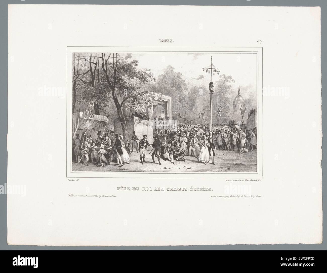 Festa del Re sugli Champs-Elysées, Victor Adam, 1829 cittadini parigini stampati si divertono il giorno del Re con le festività sugli Champs-Elysées, come corde danzanti, teatro e musica. Tipografia: Parisprinter: Parispublisher: Parispublisher: London paper periodici celebrazioni, feste popolari. festività che cadono in date di calendario; giorni commemorativi. festeggiamenti pubblici in occasione di eventi reali Foto Stock