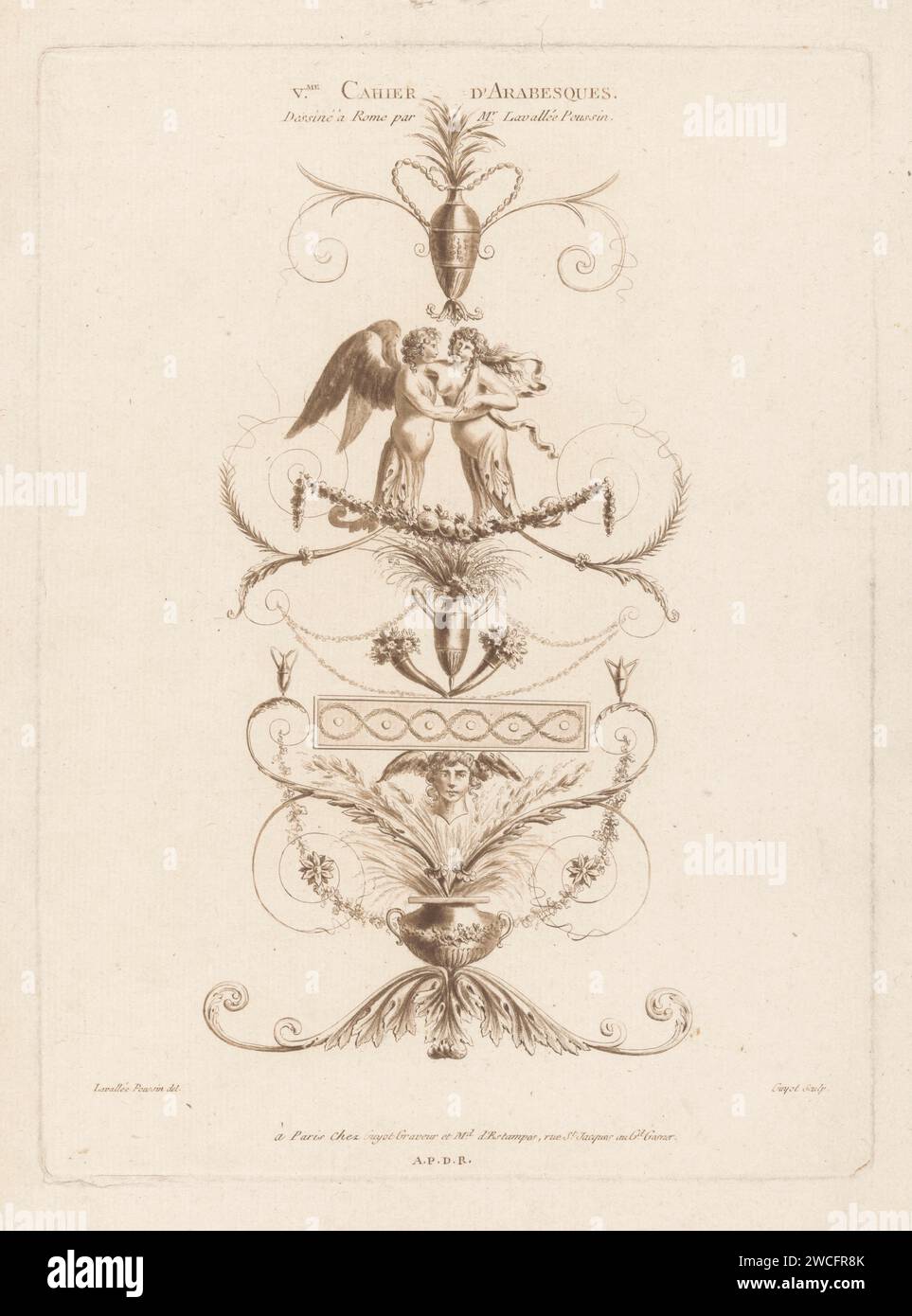 Arabsk mette Engel a Vrouw, Laurent Guyot, dopo Etienne de Lavallée-Pousin, 1788 stampe sotto un vaso sono un angelo e una donna su una ghirlanda e arabesken con vasi, corna di abbondanza e una testa di mercurio. Dopo il disegno di: Romepublisher: Paris paper etching ornament  arabesque. angeli. Figura in piedi - AA - figura umana femminile Foto Stock