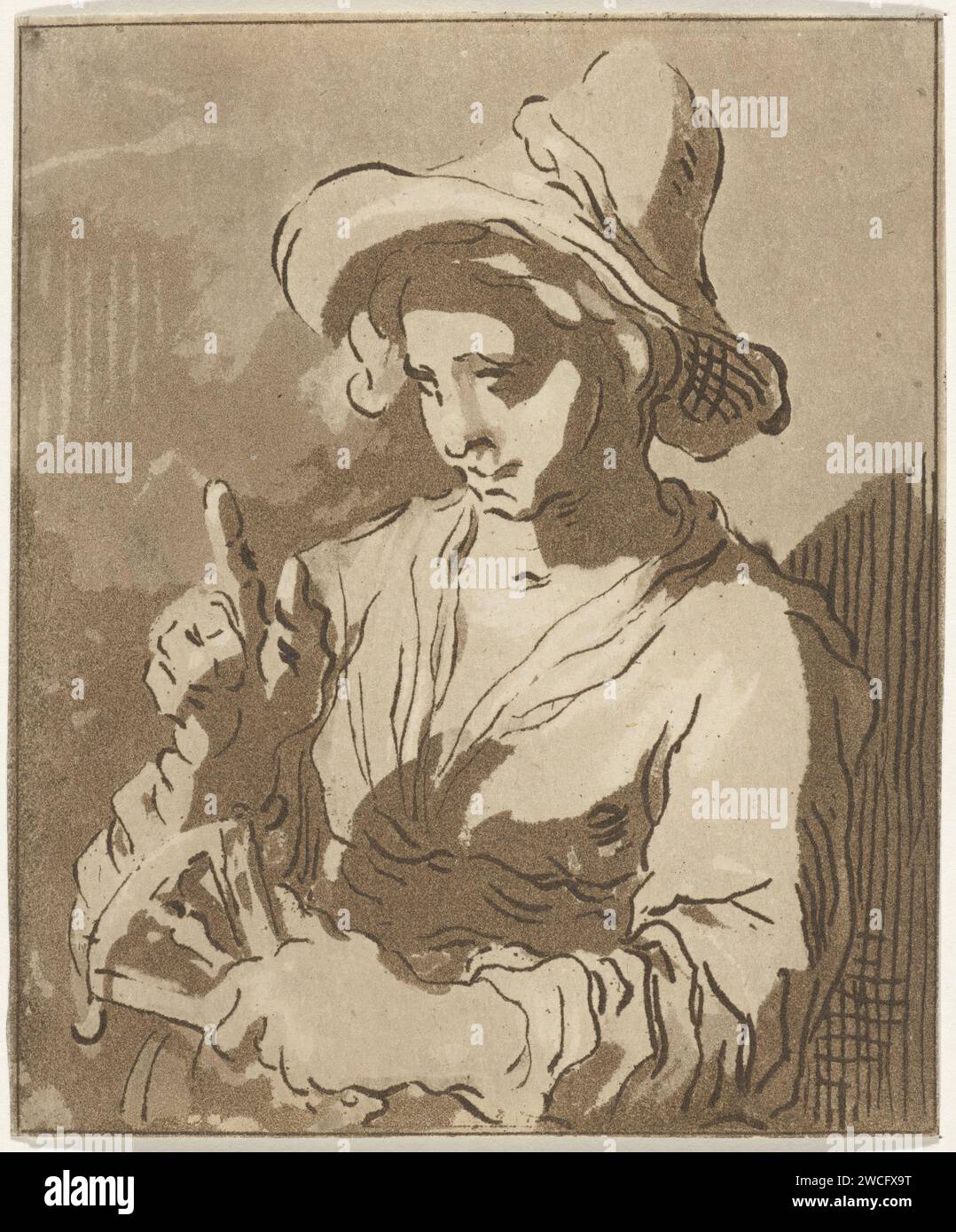 Donna con fan, Hermanus Fock, dopo Abraham Bloemaert, 1781 - 1822 stampa Una donna con un grande cappello e un fan nella mano sinistra. Fa un gesto con il dito indice destro. Tipografia: Amsterdamafter disegno di: Fan olandese dell'incisione della carta Foto Stock