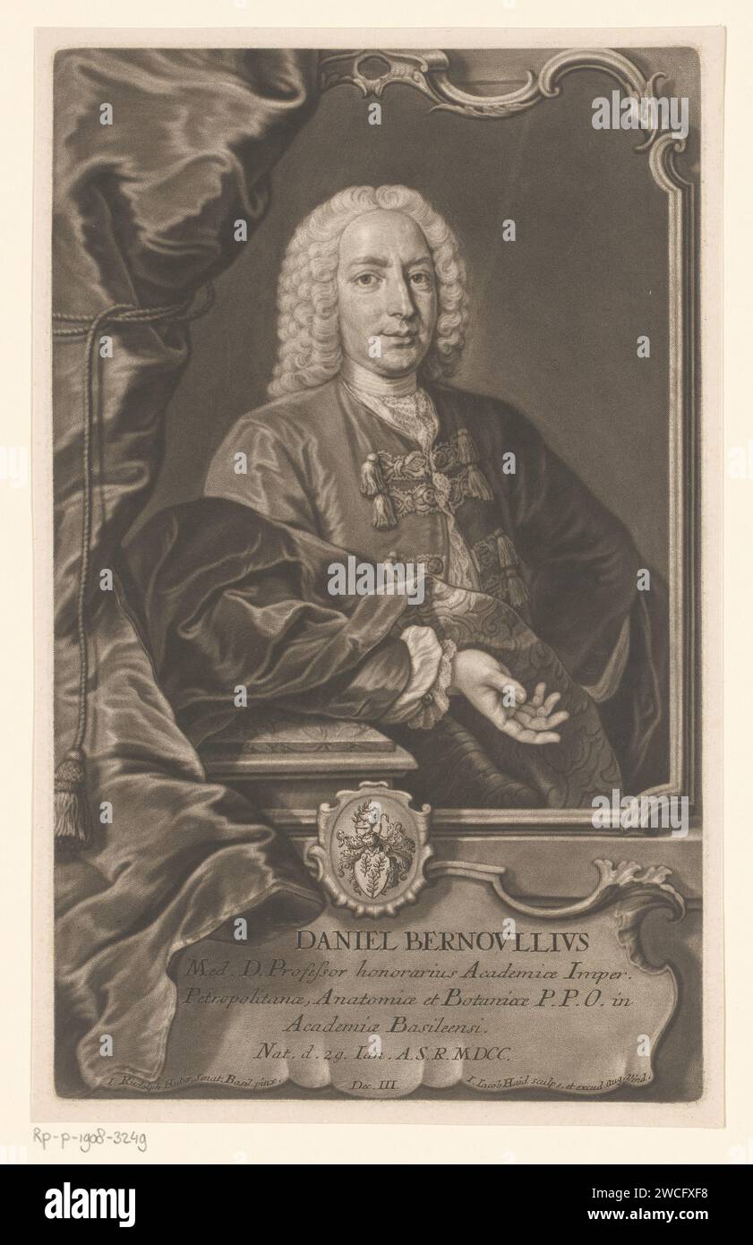 Portret van Daniel Bernoulli, Johann Jacob Haid, dopo Johann Rudolf Huber (1668-1748), 1744 stampa con didascalia in tedesco. Tipografia: Augsburgafter dipinto di: Bazelpublisher: Augsburg paper etching Historical Persons. cuscinetto araldico. ornamento  cartiglio Foto Stock