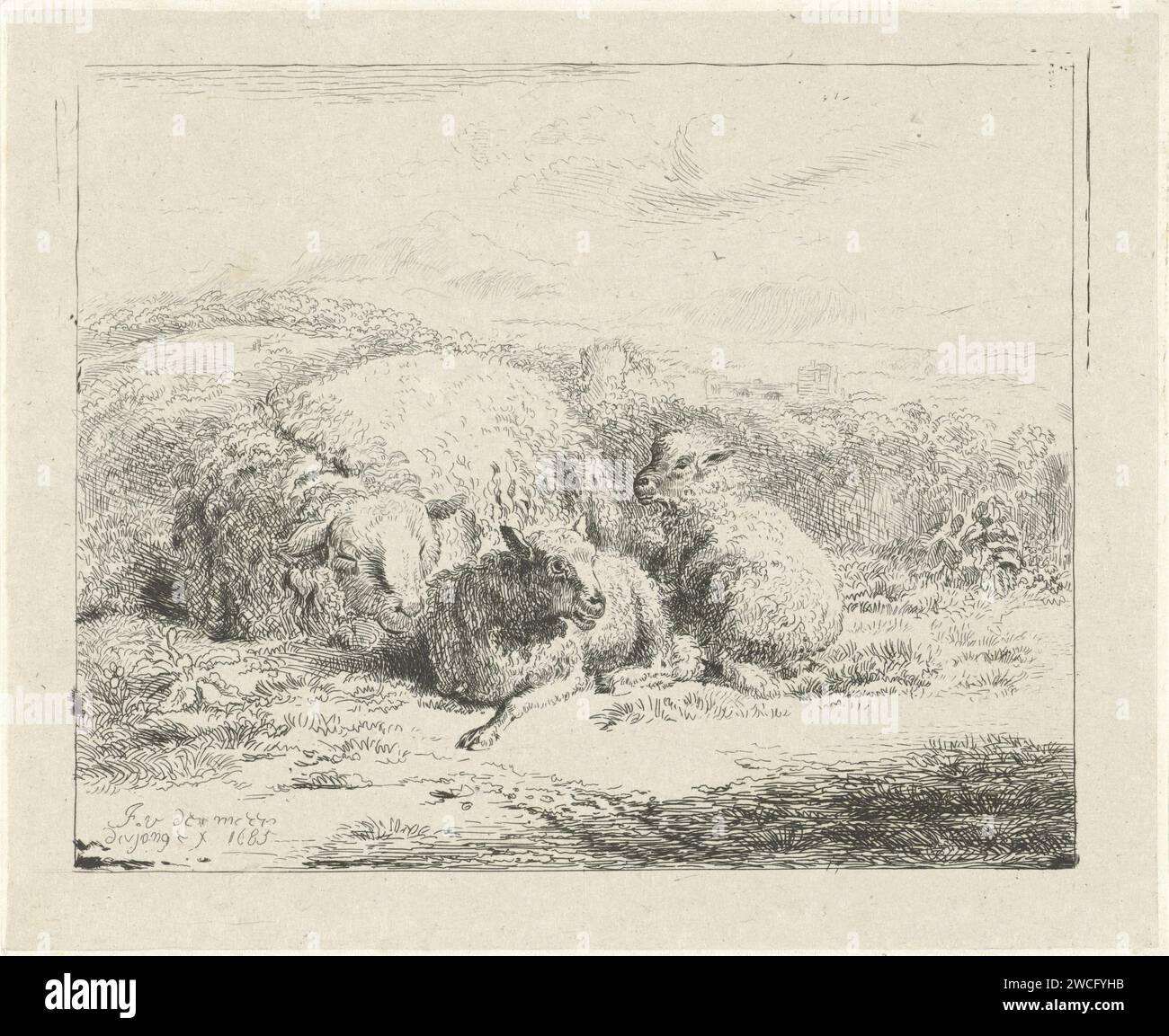 Pecore sdraiate con due agnelli, William Young Ottley, dopo Jan van der Meer (II), 1828 stampa Una pecora addormentata in un paesaggio. Inoltre, due agnelli. Giornale di Londra. l'acquaforte per pecore Foto Stock