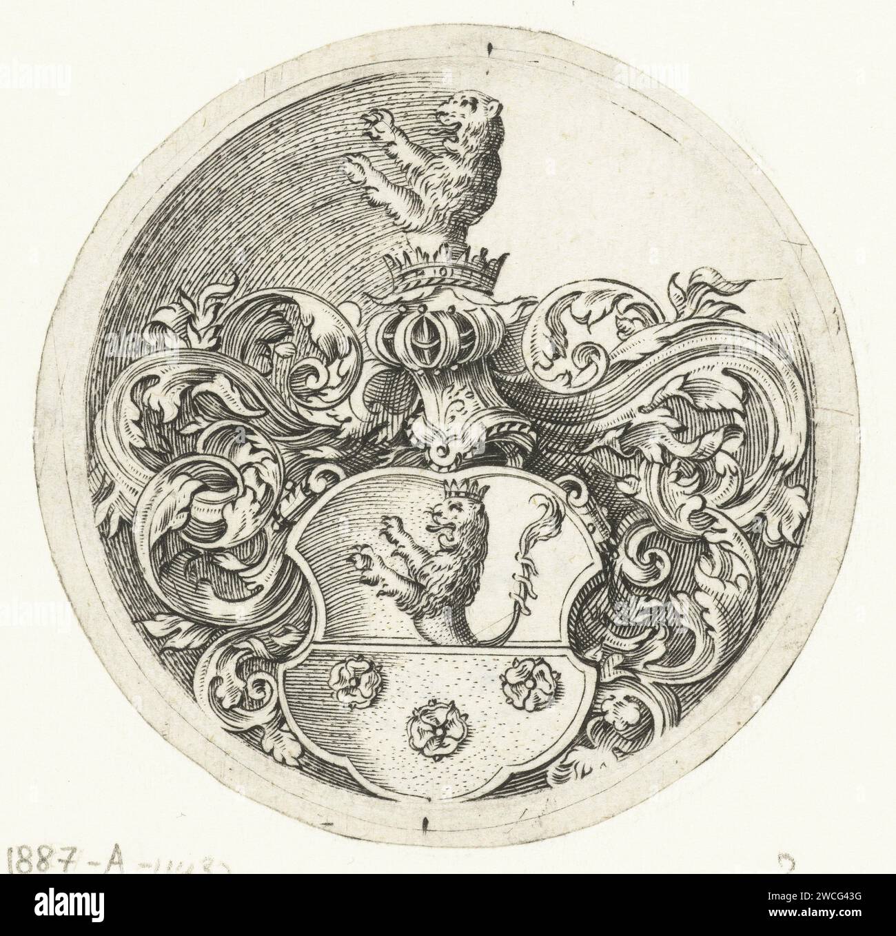 Stemma con leone e tre rose, Anonimo, dopo Michiel le Blon, 1597 - 1656 carta stampata incisione portante araldica. bestie prede, animali predatori: leone. fiori: rosa Foto Stock