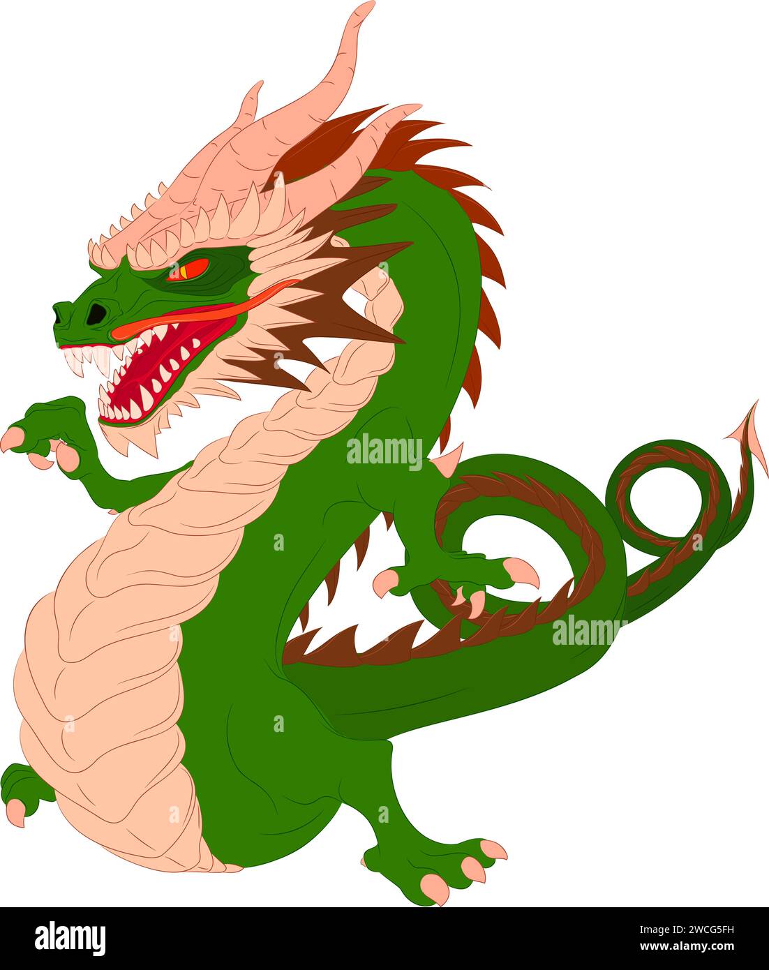 Drago di legno verde danzante senza ali. Illustrazione vettoriale di un drago di legno verde danzante asiatico che punta con il dito destro della zampa Illustrazione Vettoriale